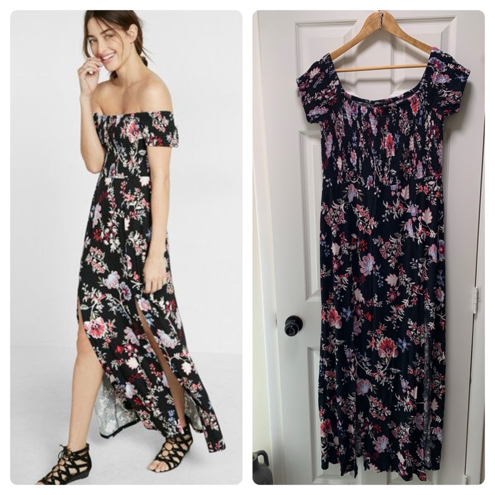 Express Floral Off-Shoulder Maxi Dress - Black and Pink
